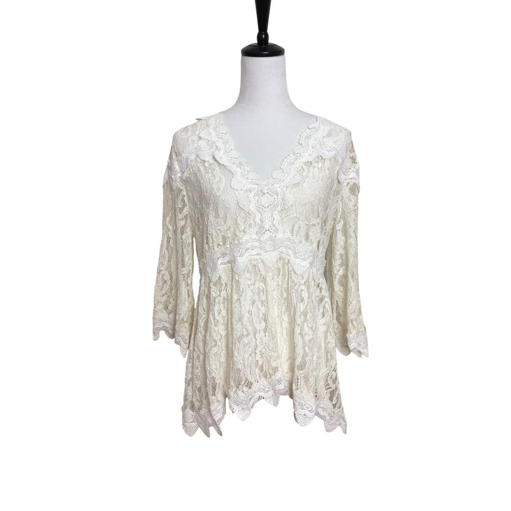 POL Floral Sheer Lace Flare Long Sleeve Empire Waist Shirt Size Medium Boho
